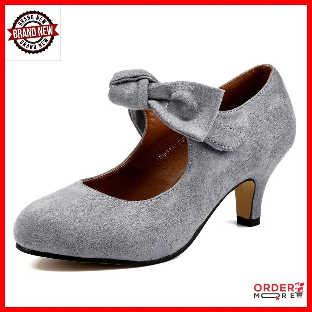 Women's Bow Heels Mary Jane Kitten Heel Pumps Round Toe Ankle Strap Dress Shoes